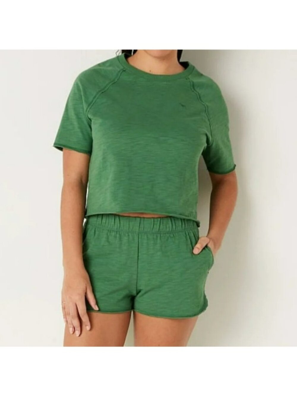 PINK Victoria's Secret Green Two-Piece Shorts Shirt Fleece Set Pockets Pull-On